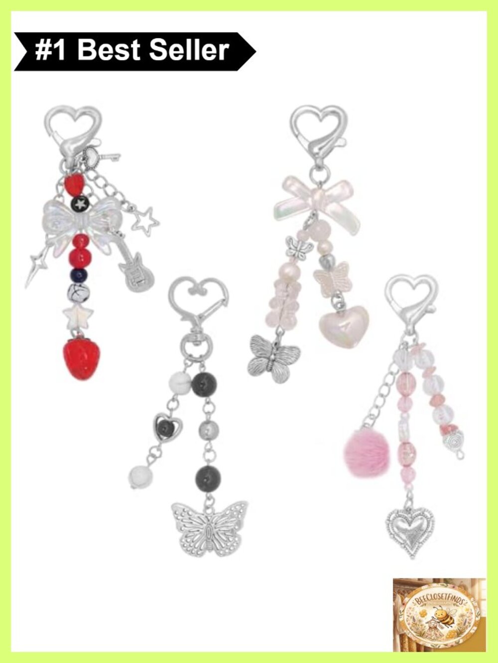 Y2K Aesthetic Keychain Set Charm Butterfly Star Bear Guitar Alloy Crystal Beads